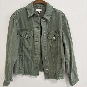 TOPSHOP Trucker style Sage green Denim raw hem oversized jacket women's size 4